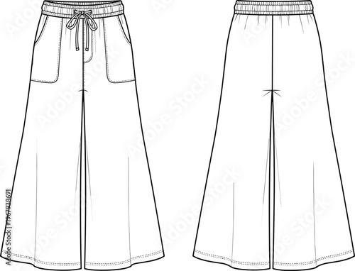 Technical Fashion Flat Sketch of Women's Elastic Waist Wide Leg Culottes Pants with Drawstring and Front Patch Pockets Vector Template
