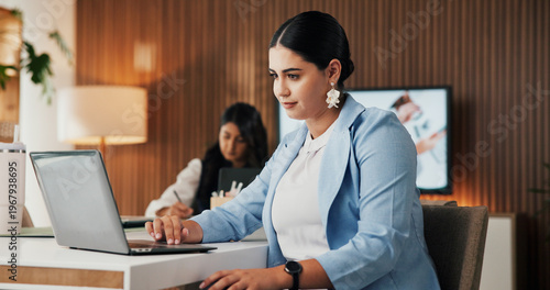 Obraz na plátně Business, woman and scroll with laptop in office for equity report, market research and client email