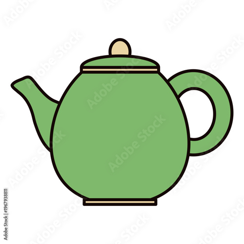 Green teapot for oriental tea ceremony. Vector illustration of ceramic kettle in Chinese or Japanese style. Traditional kitchenware design element for cafe menu and restaurant culture