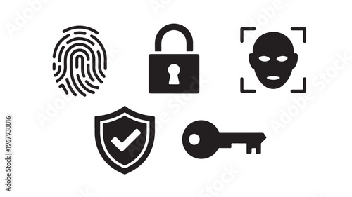 Cybersecurity Icon Set Featuring Biometric Fingerprint, Digital Lock, and Shield for Data Privacy