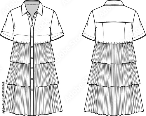 Technical Fashion Flat Sketch of Women's Short Sleeve Tiered Mini Shirtdress with Pleated Skirt and Button Front Vector Template Illustration