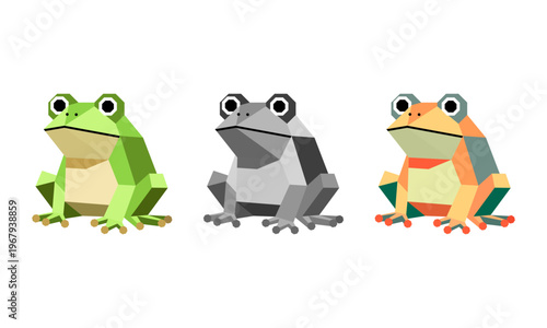 Cute **Low Poly Frog** Character **Geometric Vector** Illustration Set for **Mascot Logo**