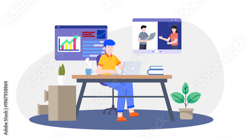 Professional man working on a laptop while having a virtual video conference with international colleagues