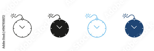 Clock Bomb Icon Set. Time Management, Deadline Pressure, And Urgency Symbol Collection. Explosive Time Concept In Outline And Solid Styles. Isolated Vector Illustration