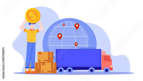 Global logistics and shipping concept showing a man holding a coin near a delivery truck and globe