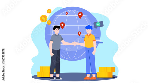 Two businessmen shaking hands in front of a globe to symbolize a successful international trade agreement