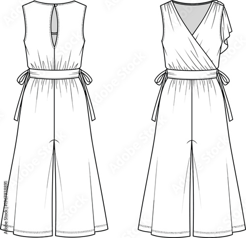 Technical fashion flat sketch of women's sleeveless wide leg jumpsuit with wrap front, tie belt waist and keyhole back detail