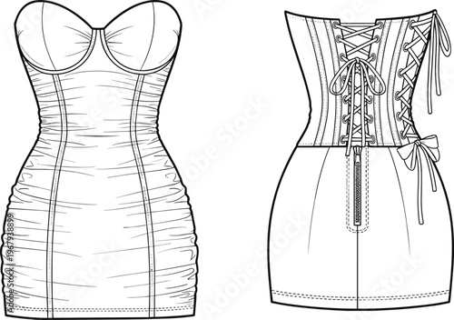 Technical Fashion Flat Sketch of Women's Strapless Ruched Bodycon Mini Dress with Corset Lace Up Back Vector Template Illustration