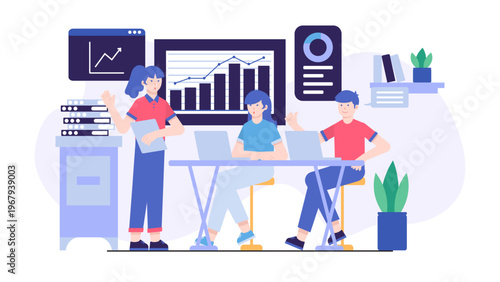 Professional business team conducting a corporate brainstorm session with data analysis and laptops