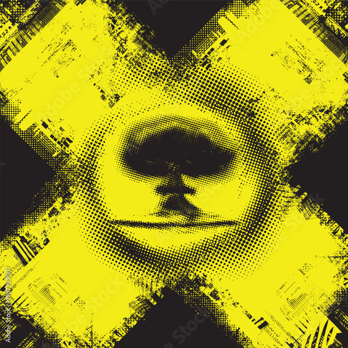 Vector image of a nuclear explosion mushroom cloud with a halftone effect on a grunge background, with a radiation hazard symbol and pixels. Anti-war poster, nuclear war, environmental pollution. No a