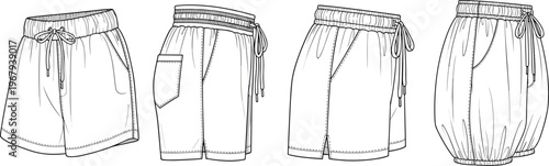 Technical fashion flat sketch set of casual lounge shorts with elastic waist, drawstring, and pockets, vector line art illustration on white background.