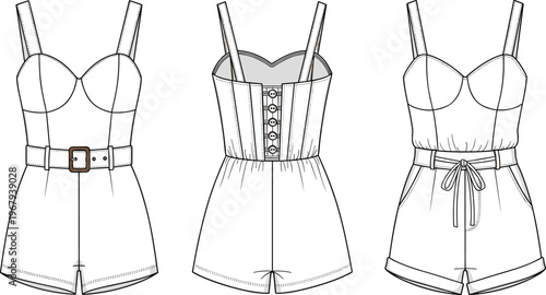 Technical fashion flat sketch set of women's rompers with sweetheart neckline, bustier bodice, belt, button front and drawstring waist, vector illustration