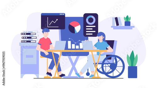 Illustration showing diversity and equality in the workplace with inclusive characters and collaborative environment