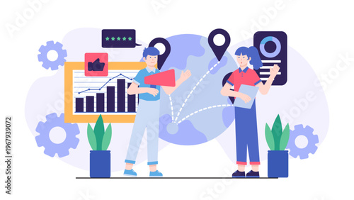 Business professionals engaging in public relations activities with a megaphone and data charts to build brand reputation and global communication