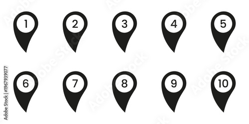 Black Numbered Location Pin Solid Icon Set. Sequential Map Marker Silhouette Symbol Collection. Navigation, Geolocation, And Wayfinding Design Elements. Isolated Vector Illustration