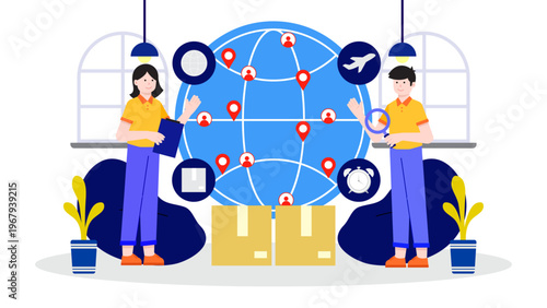 Global supply chain management concept featuring worldwide logistics network with characters monitoring cargo and delivery routes