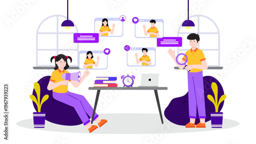 Flat design business public relations concept showing a team managing social media presence and community engagement