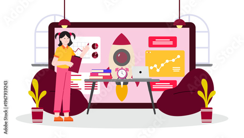 A business woman presenting a startup accelerator program featuring a rocket launch and growth charts