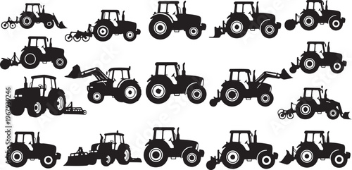 Tractor Silhouettes with Various Agricultural Equipment Attachments