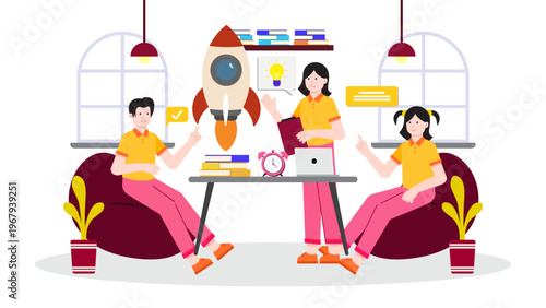 A diverse team working in a business incubator hub with creative ideas and a rocket symbol for growth