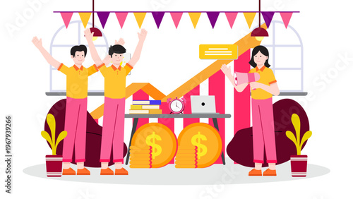 Group of entrepreneurs celebrating business success with rising graphs coins and party decorations