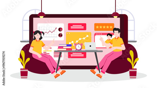 Flat design illustration showing a team managing business reputation through reviews ratings and data analysis