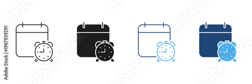 Calendar With Alarm Clock Icon Set. Time Management, Scheduling, And Event Planning Outline And Silhouette Symbol Collection. Efficient Organization And Reminder System. Isolated Vector Illustration
