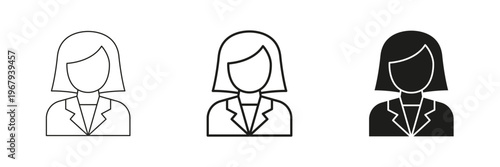Female Professional Avatar Line And Solid Icon Set. Businesswoman, Corporate Identity, And Career Outline And Silhouette Symbol Collection. Isolated Vector Illustration