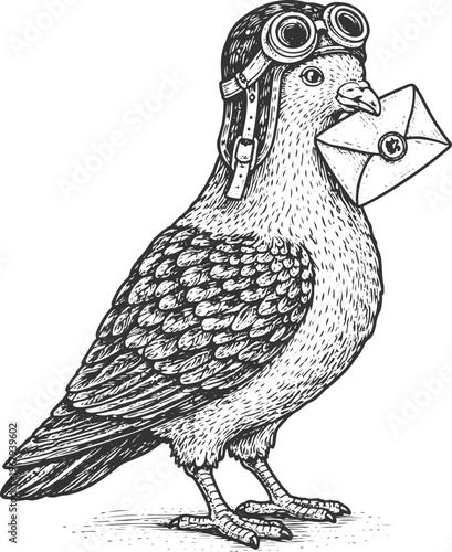 Vintage Carrier Pigeon with Envelope Wearing Aviator Goggles Engraving Illustration