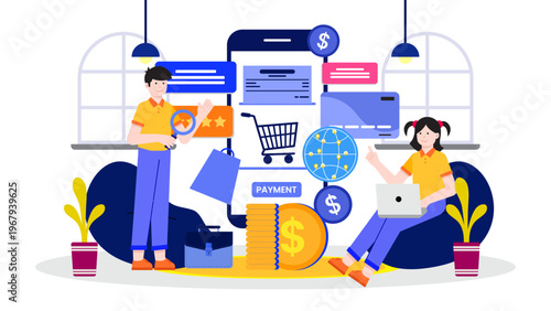 A digital marketplace concept showing cross border online shopping with global payment and cart icons