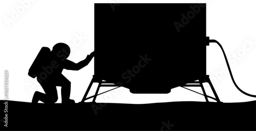Black Silhouette Vector Illustration of an Astronaut Beside a Space Landing Module on a Moon Surface for Space Exploration Concept