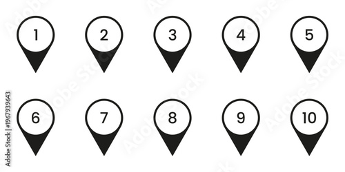 Black Numbered Location Pin Solid Icon Set. Sequential Map Marker Silhouette Symbol Collection. Navigation, Geolocation, And Wayfinding Design Elements. Isolated Vector Illustration