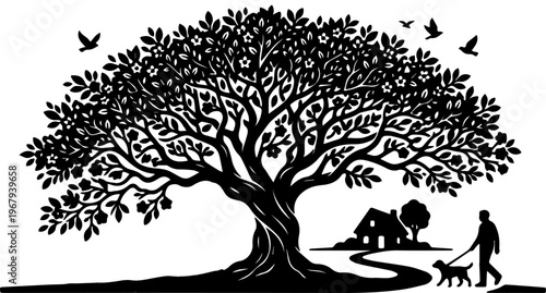 Silhouette of a Large Spreading Tree with a Man Walking His Dog and a Small House in a Serene Countryside Landscape Black and White Vector