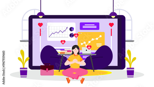 A woman meditating in a lotus pose at her office desk to promote mental health and productivity in a corporate setting