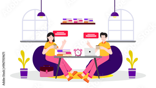 Two colleagues sitting comfortably in bean bags while enjoying a cup of coffee and chatting in a stylish office break room