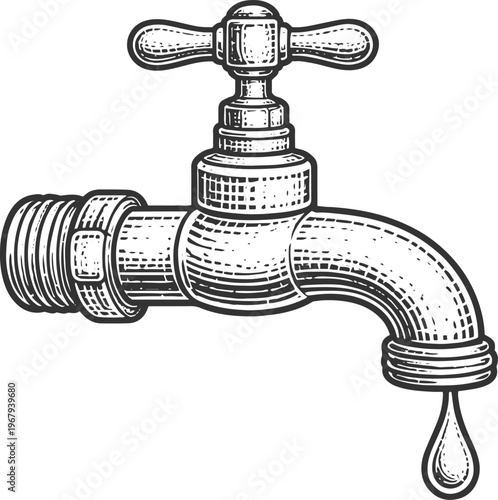 Vintage Water Faucet Engraving Vector | Retro Plumbing Illustration