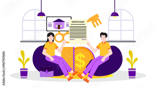 A man and a woman sitting and reviewing a mortgage document for buying a new home with property icons in the background