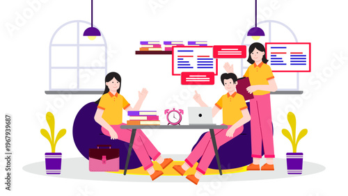 A group of professionals engaging in a mentorship session where a senior explains data to younger employees in an office