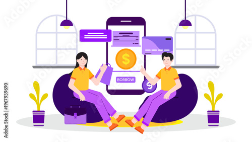 Two people discussing financial options in front of a giant smartphone showing an online loan borrowing interface