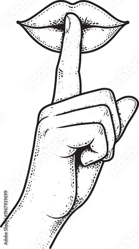 Shh Silence Gesture Lips and Finger Vintage Engraving Illustration
