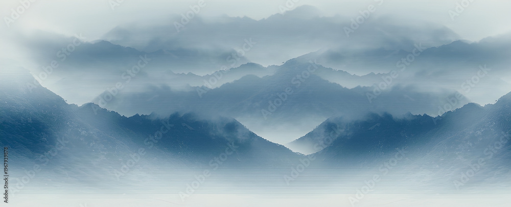 Obraz premium Ethereal Blue Hues Enveloping a Tranquil Mountainous Landscape, Evoking a Sense of Calm and Abstract Serenity with Hazy Forms and Atmospheric Depths