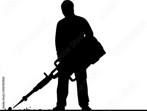 Black Silhouette of a Construction Worker Operating a Jackhammer to Break Concrete Isolated on White Background