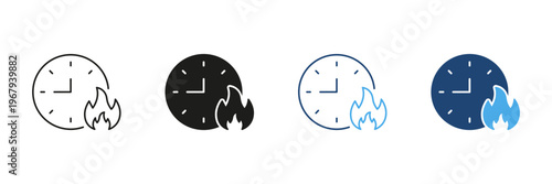 Clock With Fire Solid Icon Set. Time Management, Urgency, And Deadline Pressure Silhouette Symbol Collection. Productivity And Efficiency Concept. Isolated Vector Illustration