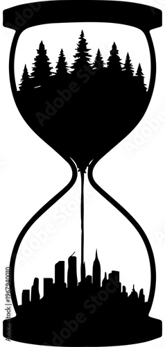 Conceptual Hourglass Silhouette with Pine Forest Flowing into a City Skyline Representing Urbanization and Environmental Change