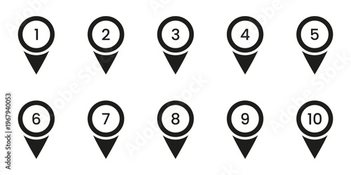 Black Numbered Location Pin Solid Icon Set. Sequential Map Marker Silhouette Symbol Collection. Navigation, Geolocation, And Wayfinding Design Elements. Isolated Vector Illustration