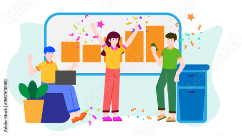 Group of happy employees celebrating corporate success with confetti