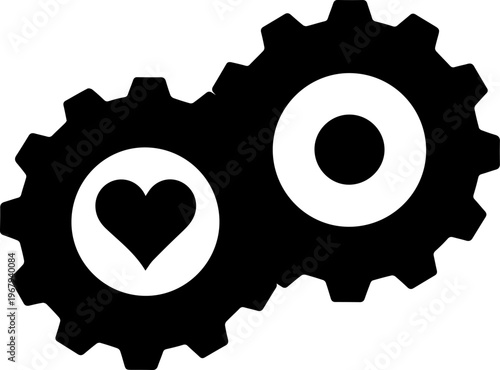 Two Interlocking Gears with Heart Symbol Minimalist Black and White Vector Illustration