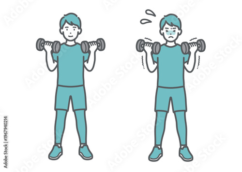 笑顔でダンベルトレーニングをする男性と苦戦する男性の比較セットイラスト
