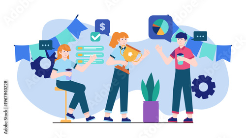 Employees holding a trophy and celebrating team achievement in office