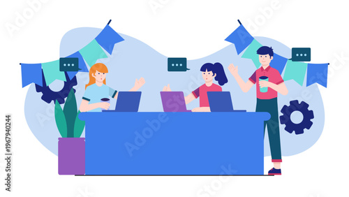 Office team taking a break and socializing with drinks in the workspace